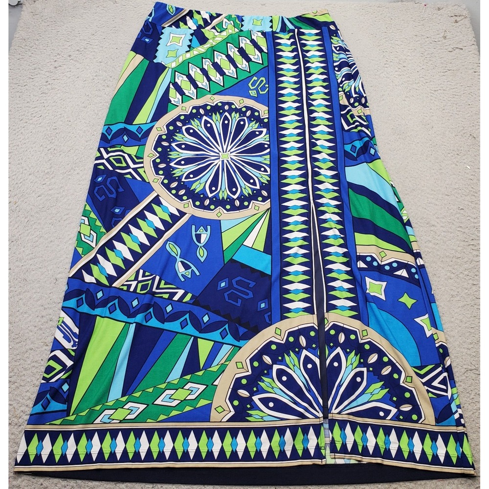 Chico's Long Maxi Skirt Womens Large Multi Geometric Modern Fit Career High Slit